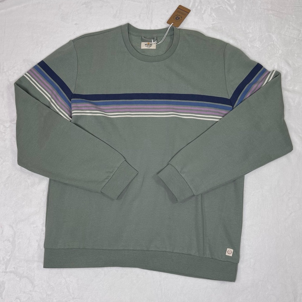 NWT Marine Layer Men's Silt Green Chest Striped Fleece Crewneck Sweater Size XL - Picture 1 of 6